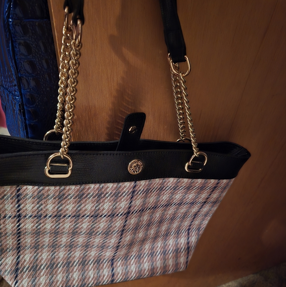 Anne Klein Tweed Tote Bag with Gold Chain Straps